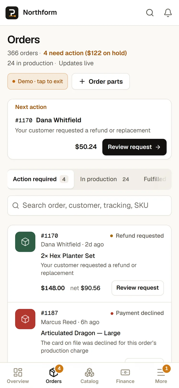 The Orders screen: action required, in production and fulfilled, with the product, progress, total and net on each order.