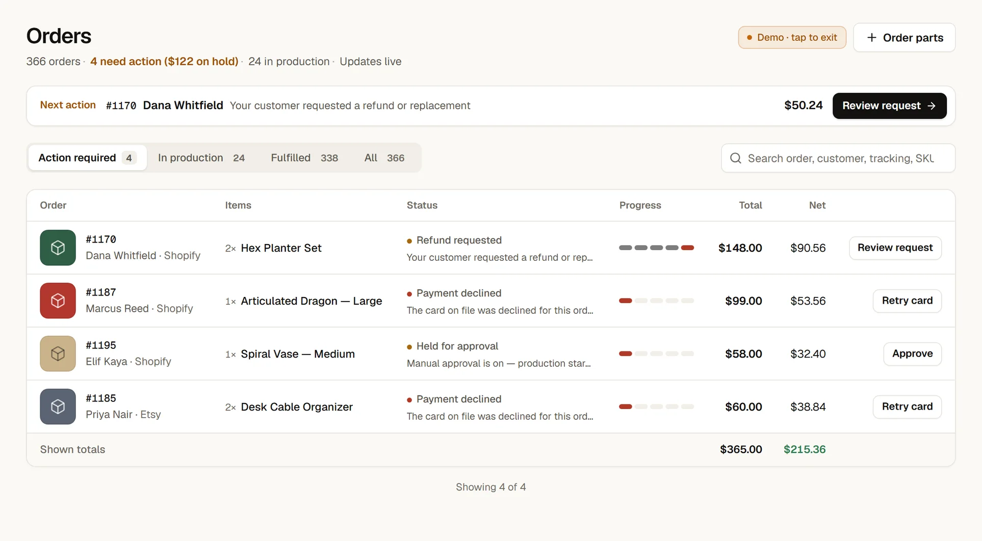 The Orders screen: action required, in production and fulfilled, with the product, progress, total and net on each order.