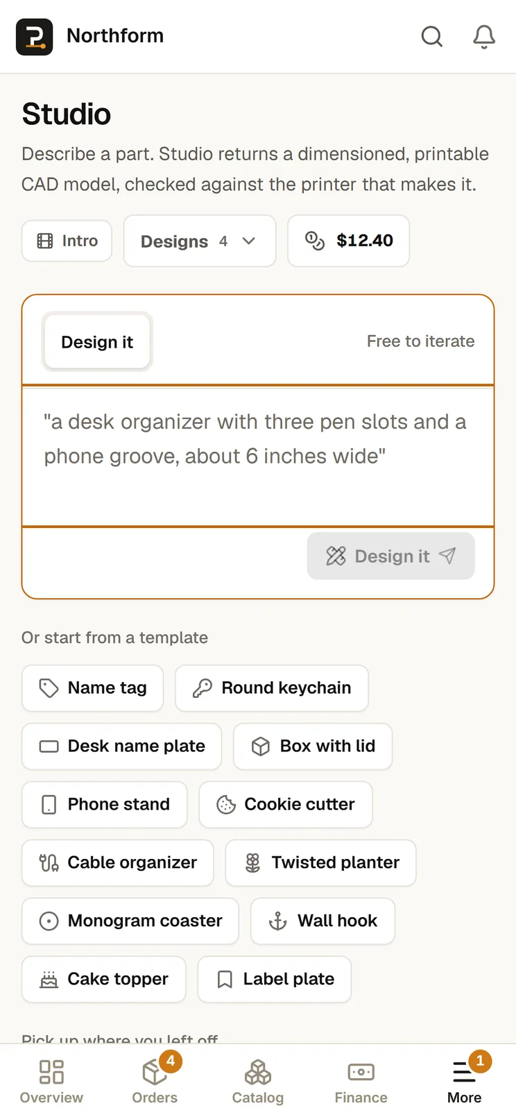 Studio: a text box that takes a description of a product and turns it into a printable design.