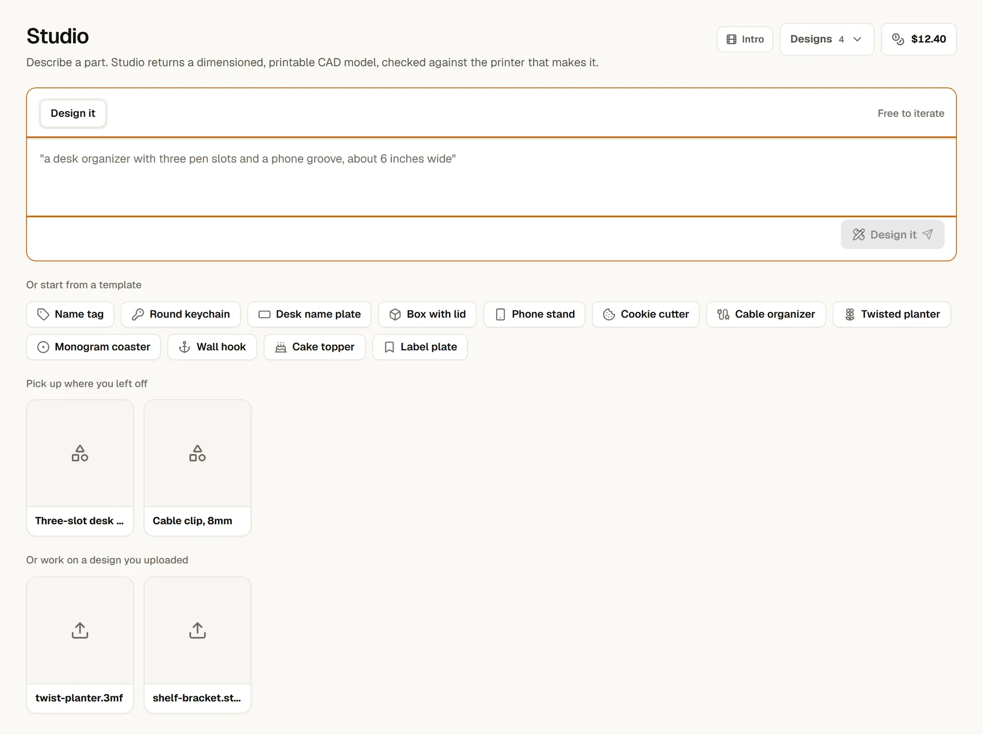 Studio: a text box that takes a description of a product and turns it into a printable design.